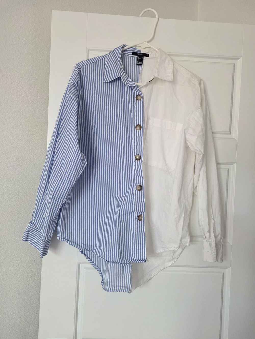 Forever 21 Blue Stripe and White Two-Tone Button-Down Woman's Oversize Shirt
